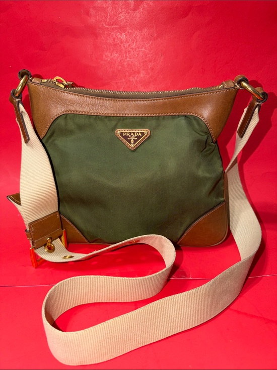 Prada Handbags - Prada Olive Green Nylon Crossbody with Brown Leather Trim and Beige Strap